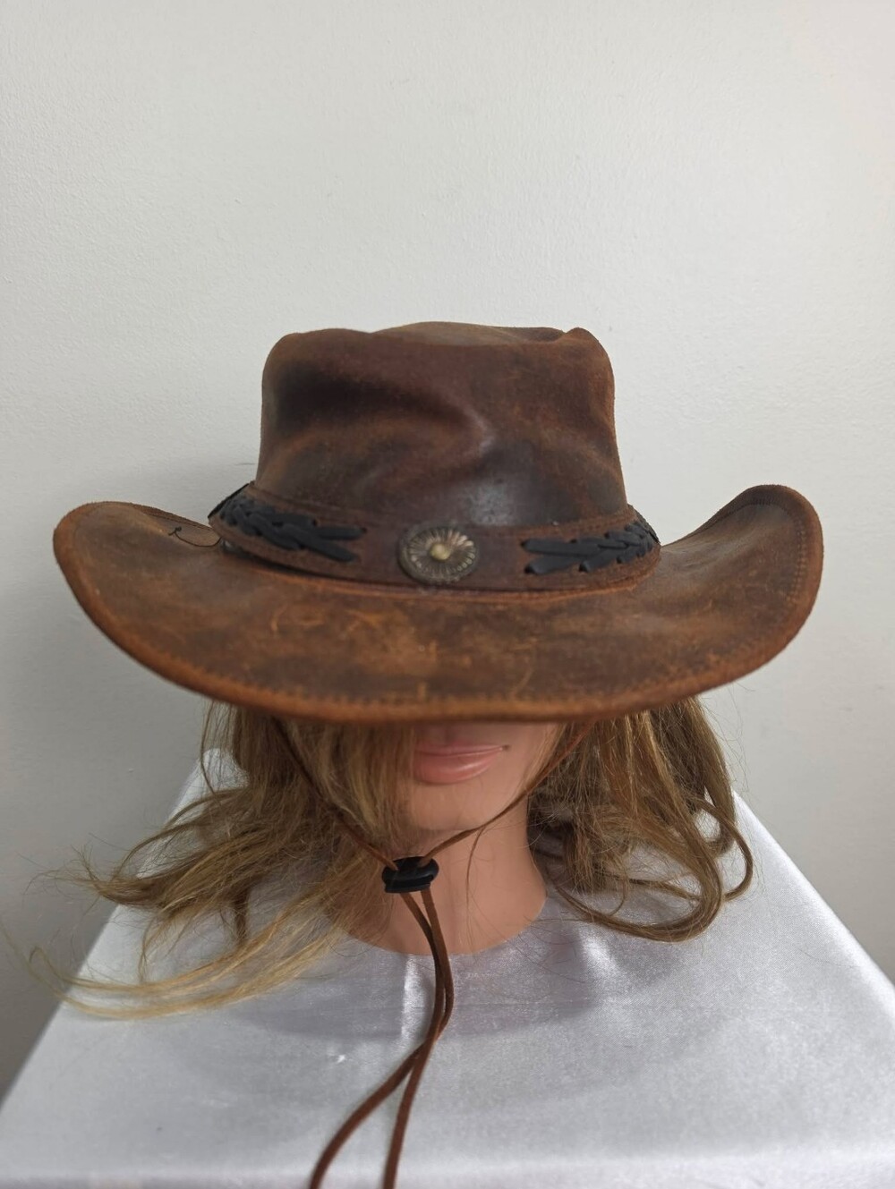 Unbranded Brown Distressed Leather Cowboy Hat with Concho Band